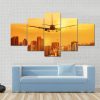 Airplane Flying Towards Big City - Airplane 5 Panel Canvas Art Wall Decor