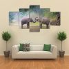 Asian Elephants In A Natural River At Deep Forest - Animal 5 Panel Canvas Art Wall Decor