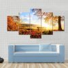 Autumn Landscape With The Sun Warmly Illumining A Bench Under A Tree - Nature 5 Panel Canvas Art Wall Decor