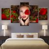 Beautiful Amazing Woman With Red Roses Flowers - Abstract 5 Panel Canvas Art Wall Decor