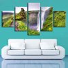 Beautiful Waterfall Green Mountain Path - Nature 5 Panel Canvas Art Wall Decor