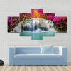 Beautiful Waterfall With Pink Trees - Nature 5 Panel Canvas Art Wall Decor