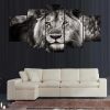 Black And White Lion 2 - Animal 5 Panel Canvas Art Wall Decor