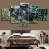 Black Leopard And Green Leaf - Animal 5 Panel Canvas Art Wall Decor
