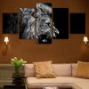 Black & White Lion Roaring - Animal 5 Panel Canvas Art Wall Decor