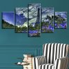 Blue Pink Flower And Green Tree - Nature 5 Panel Canvas Art Wall Decor