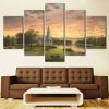 Buildings House And River Trees Sunset - Nature 5 Panel Canvas Art Wall Decor
