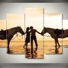 Couple Kissing With Their Horse At Sunset - Nature 5 Panel Canvas Art Wall Decor