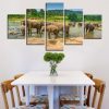 Elephant Family At The Watering Hole - Animal 5 Panel Canvas Art Wall Decor
