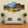 Elephant Family In Front Of Kilimanjaro - Animal 5 Panel Canvas Art Wall Decor