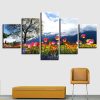 Flowers Tree Mountain And White - Nature 5 Panel Canvas Art Wall Decor