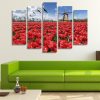 Holland Windmill In A Red Tulip Field - Nature 5 Panel Canvas Art Wall Decor
