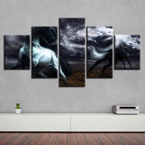 Horse Red And Blue Eye Night - Animal 5 Panel Canvas Art Wall Decor
