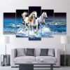 Horses In Water - Animal 5 Panel Canvas Art Wall Decor