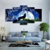 Howling Wolf Blue Moon Cherry Blossoms Night - Animal 5 Panel Canvas Art Wall Decor