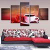 Iron Tower Red Rose Heart Shape Coffee - Nature 5 Panel Canvas Art Wall Decor