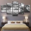 Lakeside Big Trees Black White Landscape - Nature 5 Panel Canvas Art Wall Decor