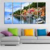 Lakeside Town Color House Ship Tree - Nature 5 Panel Canvas Art Wall Decor