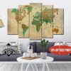 Large World Map - Abstract 5 Panel Canvas Art Wall Decor