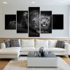 Leopard In Black And White - Animal 5 Panel Canvas Art Wall Decor