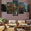 Mysterious Castle In Waterfall Mountain - Nature 5 Panel Canvas Art Wall Decor