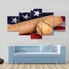 Old Baseball And Bat With American Flag - Sport 5 Panel Canvas Art Wall Decor