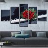 Red Flowers Black And White Piano Key - Music 5 Panel Canvas Art Wall Decor