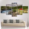 Red House And River Mountain Green - Nature 5 Panel Canvas Art Wall Decor