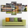 River And Retro House Buildings - Nature 5 Panel Canvas Art Wall Decor