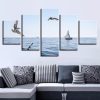Ship Sailing On The Sea And Seagulls Flying - Space 5 Panel Canvas Art Wall Decor