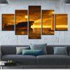 Ships Lighthouse And Golden Sky - Space 5 Panel Canvas Art Wall Decor