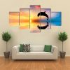 Silhouette Of Jumping Dolphin - Animal 5 Panel Canvas Art Wall Decor