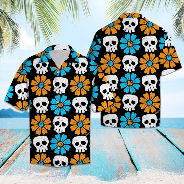 Skull Flower Hawaiian Shirt Summer Button Up