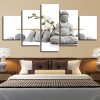 Statue Of Buddha With White Moth Orchid - Religion 5 Panel Canvas Art Wall Decor
