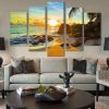 Sunset In The Beach 3 - Nature 5 Panel Canvas Art Wall Decor