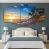 Sunset Tropical Beach Palm Tree Seascape - Nature 5 Panel Canvas Art Wall Decor