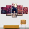 Train Tracks And Autumn Red Tree - Nature 5 Panel Canvas Art Wall Decor