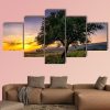 Tree By A Corn Field At Sunset - Nature 5 Panel Canvas Art Wall Decor