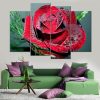 Water Droplets Red Rose Flowers - Nature 5 Panel Canvas Art Wall Decor