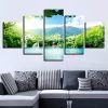 Waterfall Green Mountain Green - Nature 5 Panel Canvas Art Wall Decor