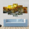 Yellow Trees Foliage And Rocks In Forest - Nature 5 Panel Canvas Art Wall Decor